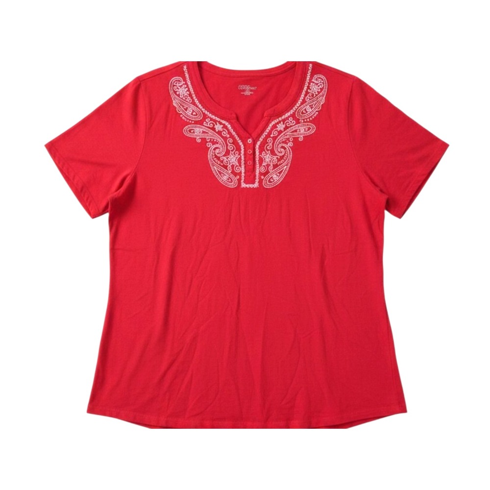 LIZ & ME For CATHERINES Red PAISLEY & STARS PRINT 3-Buttons BLOUSE/TOP 3X 26/28W